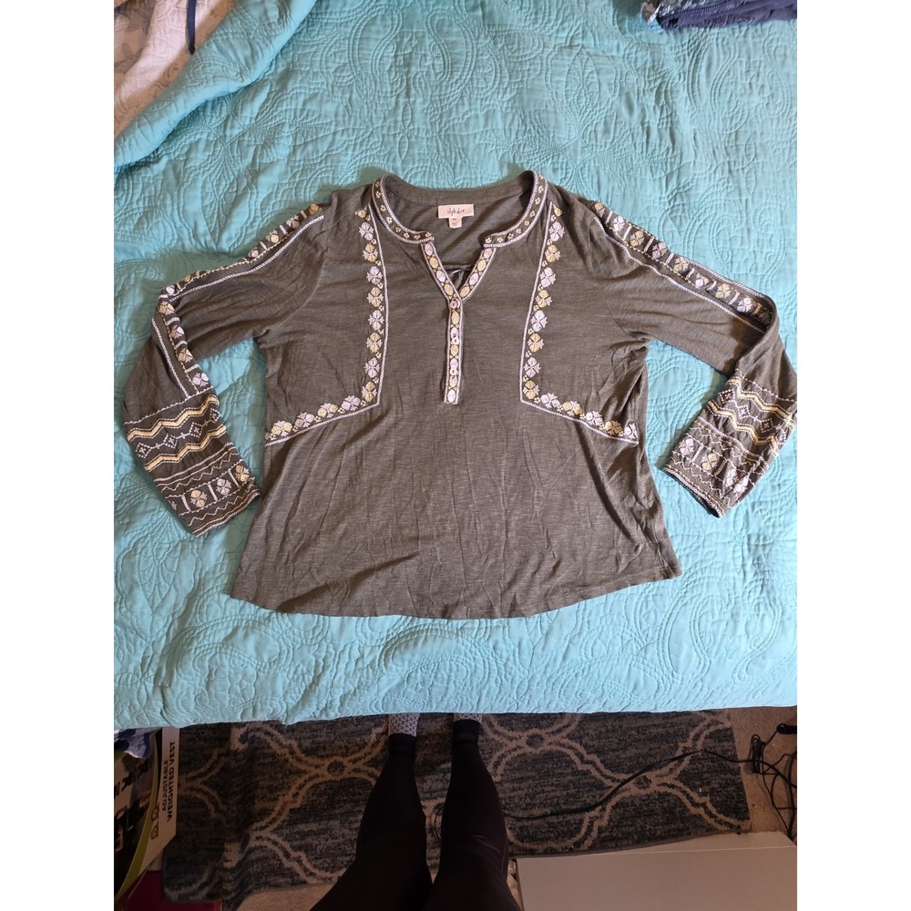 Style & Co Women's Petite XL Green‎ Embroidered Henley Zigzag Print Peasant Top